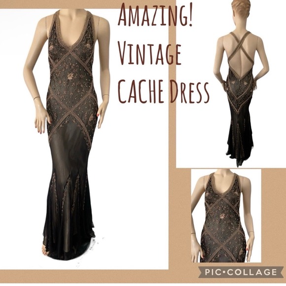 Cache Dresses & Skirts - Vintage Cache Silk Beaded Open Back Formal Y2K Gown Dress Black 90s Size 2